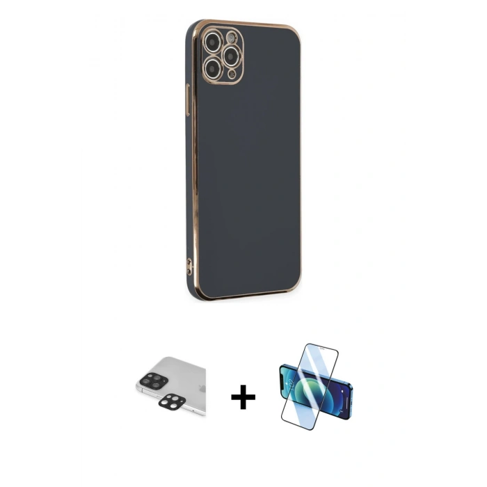 MARSİLYAN™- iPhone 11 Pro Max Kılıf Yankı Serisi - Siyah 3D Antistatik Cam Ekran Koruyucu + Pers Alüminyum Kamera Lens - SH