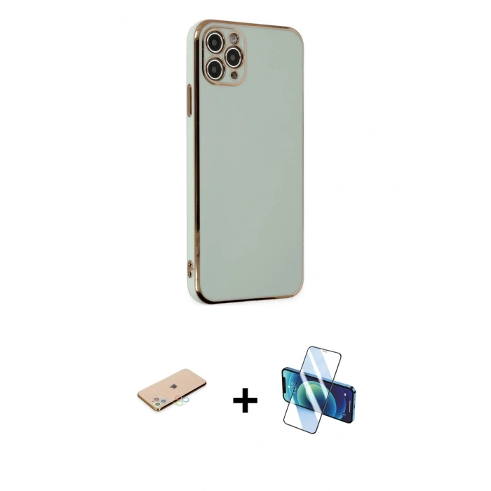 MARSİLYAN™- iPhone 11 Pro Max Kılıf Yankı Serisi - Siyah 3D Antistatik Cam Ekran Koruyucu + Renkli Kamera Lens Koruma Cam - MI