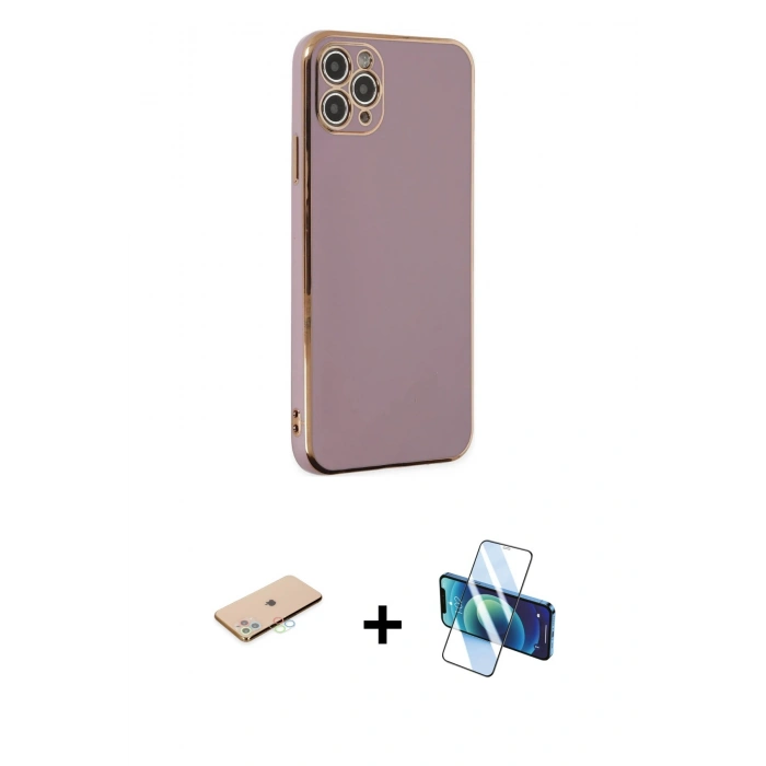 MARSİLYAN™- iPhone 11 Pro Max Kılıf Yankı Serisi - Siyah 3D Antistatik Cam Ekran Koruyucu + Renkli Kamera Lens Koruma Cam - MI