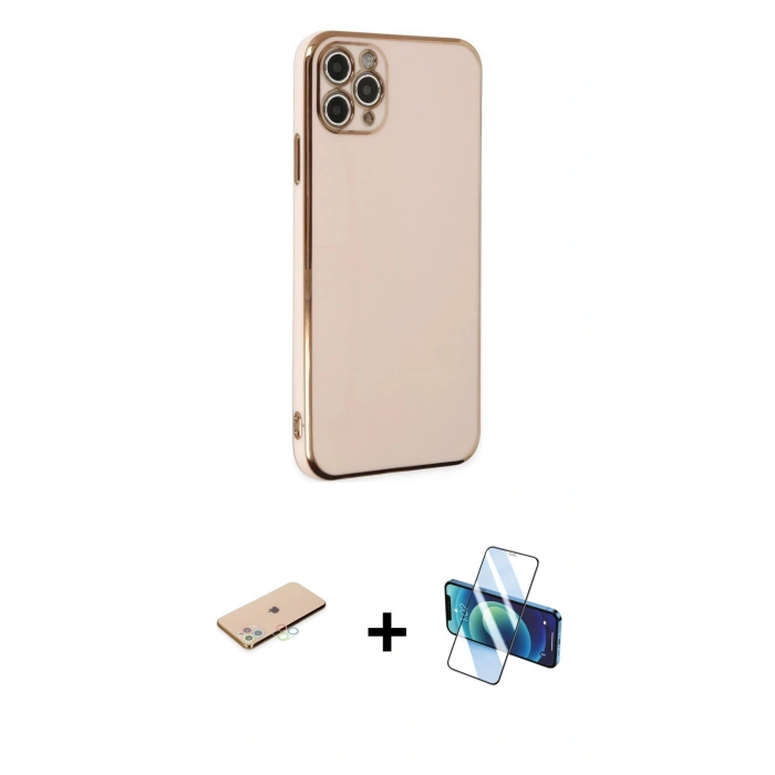 MARSİLYAN™- iPhone 11 Pro Max Kılıf Yankı Serisi - Siyah 3D Antistatik Cam Ekran Koruyucu + Renkli Kamera Lens Koruma Cam - MI