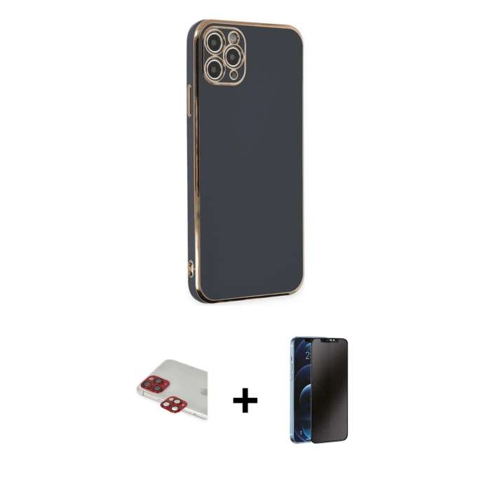 MARSİLYAN™- iPhone 11 Pro Max Kılıf Yankı Serisi - Siyah 3D Antistatik Hayalet Cam Ekran Koruyucu + Pers Alüminyum Kamera Lens - KI