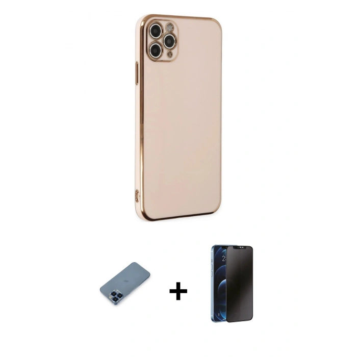 MARSİLYAN™- iPhone 11 Pro Max Kılıf Yankı Serisi - Siyah 3D Antistatik Hayalet Cam Ekran Koruyucu + Mavi Metal Kamera Lens Koruma Cam