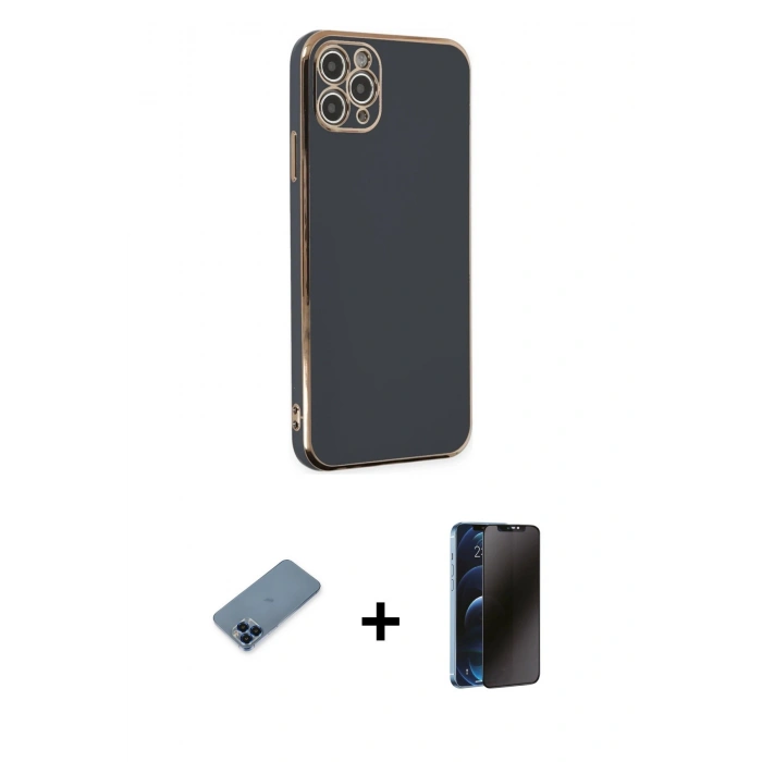 MARSİLYAN™- iPhone 11 Pro Max Kılıf Yankı Serisi - Siyah 3D Antistatik Hayalet Cam Ekran Koruyucu + Mavi Metal Kamera Lens Koruma Cam