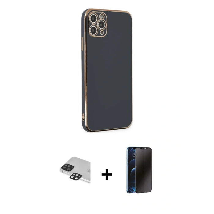 MARSİLYAN™- iPhone 11 Pro Max Kılıf Yankı Serisi - Siyah 3D Antistatik Hayalet Cam Ekran Koruyucu + Pers Alüminyum Kamera Lens - SH