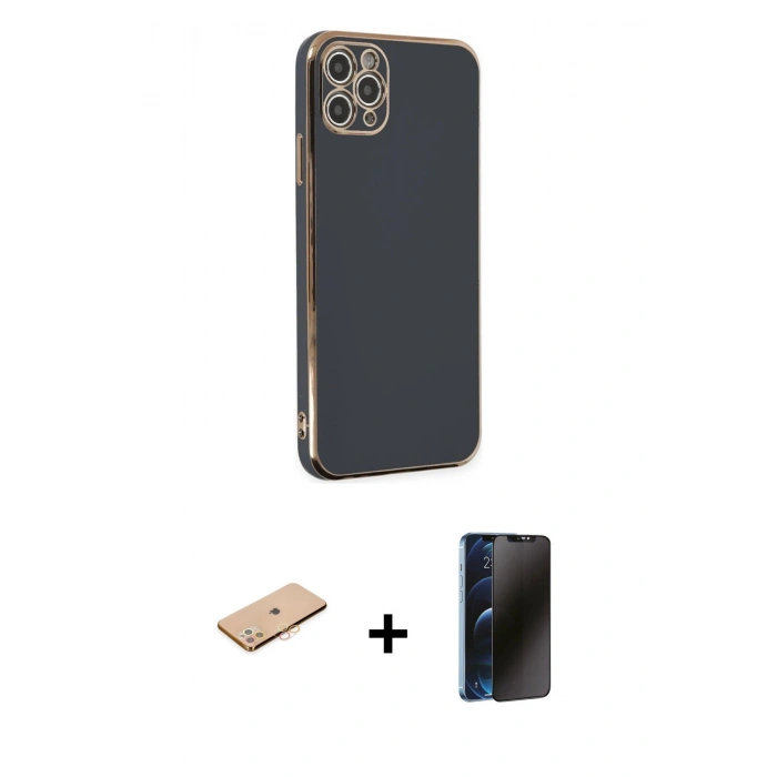 MARSİLYAN™- iPhone 11 Pro Max Kılıf Yankı Serisi - Siyah 3D Antistatik Hayalet Cam Ekran Koruyucu + Renkli Kamera Lens Koruma Cam - TU