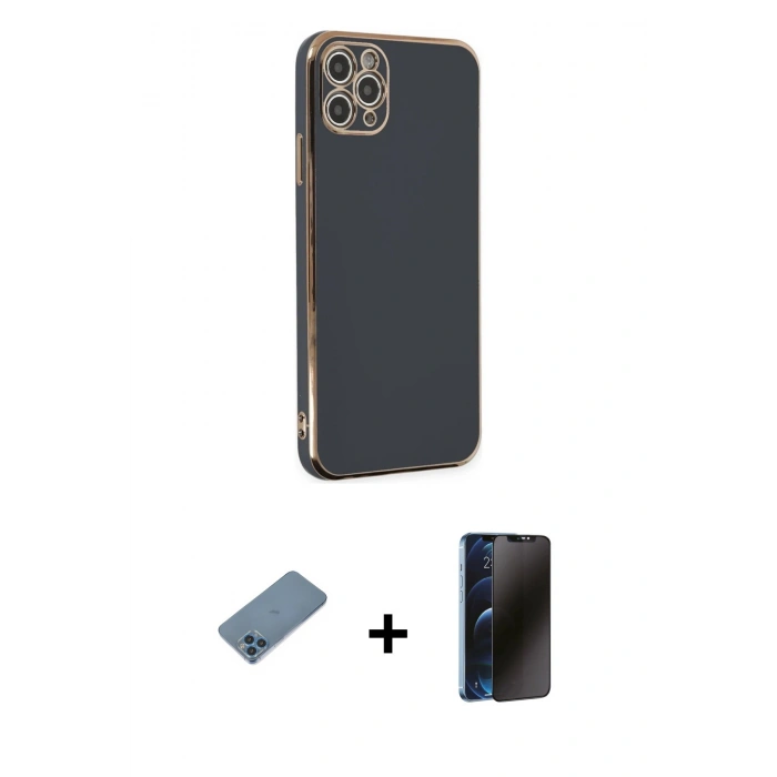 MARSİLYAN™- iPhone 11 Pro Max Kılıf Yankı Serisi - Siyah 3D Antistatik Hayalet Cam Ekran Koruyucu + Shine Kamera Lens Koruma Cam - MI