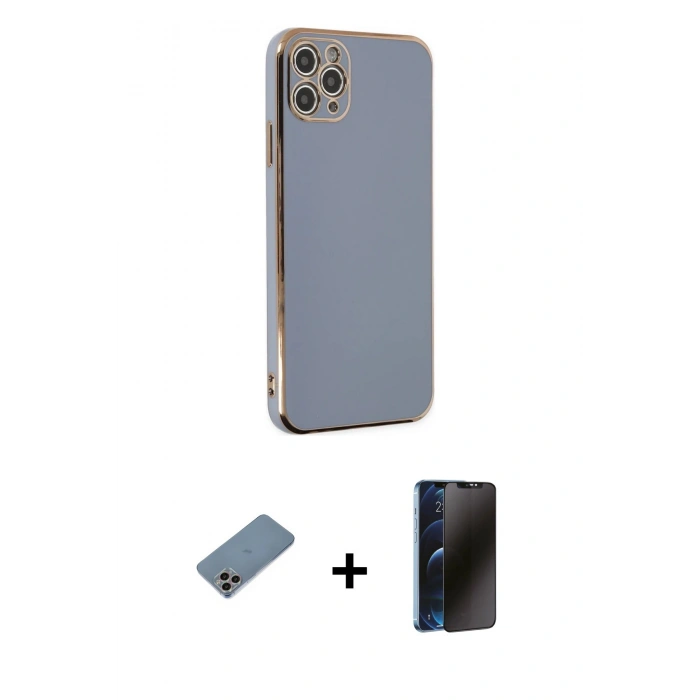 MARSİLYAN™- iPhone 11 Pro Max Kılıf Yankı Serisi - Siyah 3D Antistatik Hayalet Cam Ekran Koruyucu + Shine Kamera Lens Koruma Cam - GI