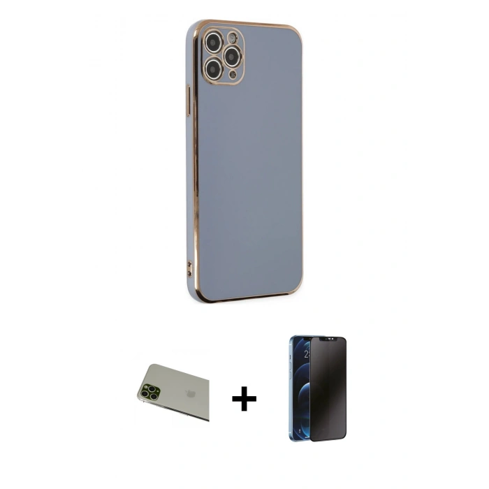 MARSİLYAN™- iPhone 11 Pro Max Kılıf Yankı Serisi - Siyah 3D Antistatik Hayalet Cam Ekran Koruyucu + Rainbow Kamera Lens Koruma Cam - YL