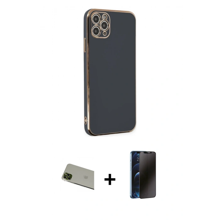 MARSİLYAN™- iPhone 11 Pro Max Kılıf Yankı Serisi - Siyah 3D Antistatik Hayalet Cam Ekran Koruyucu + Rainbow Kamera Lens Koruma Cam - YL