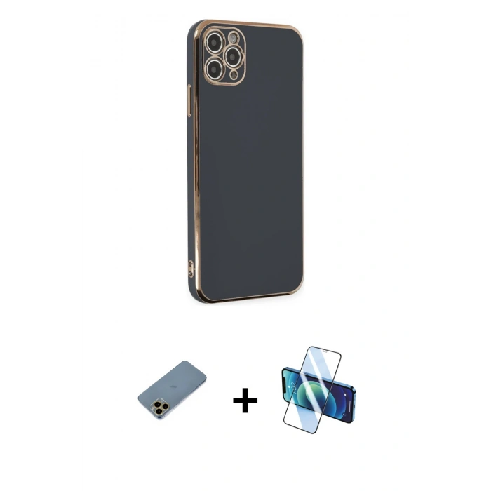 MARSİLYAN™- iPhone 11 Pro Max Kılıf Yankı Serisi - Siyah 3D Antistatik Seramik Nano Ekran Koruyucu + Shine Kamera Lens Koruma Cam - GD