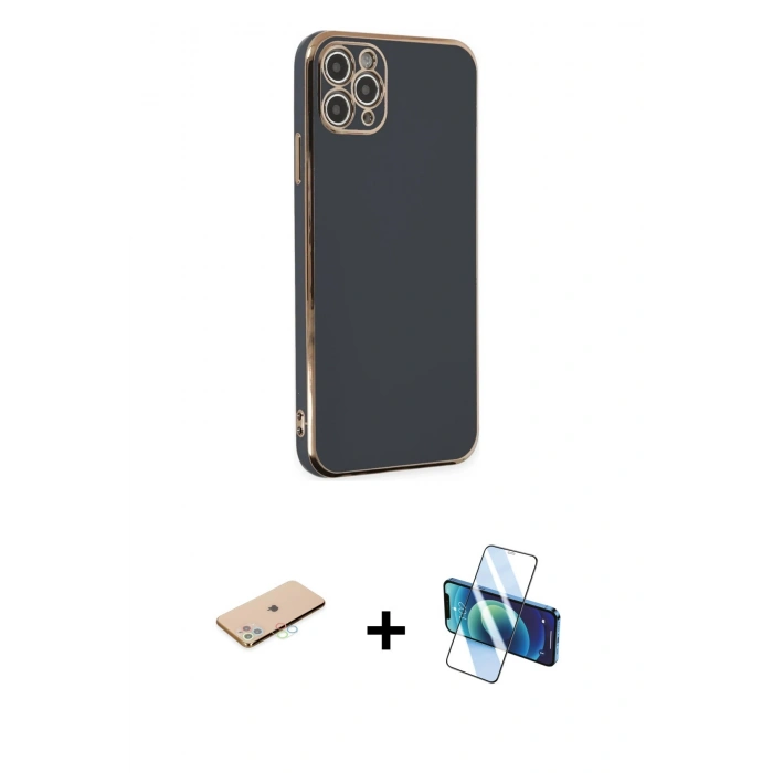 MARSİLYAN™- iPhone 11 Pro Max Kılıf Yankı Serisi - Siyah 3D Antistatik Seramik Nano Ekran Koruyucu + Renkli Kamera Lens Koruma Cam - MI