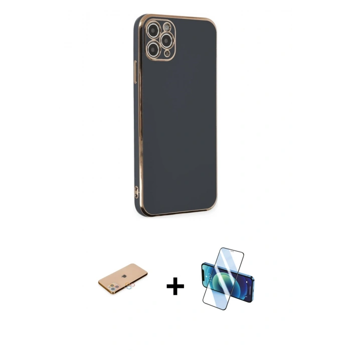MARSİLYAN™- iPhone 11 Pro Max Kılıf Yankı Serisi - Siyah 3D Antistatik Seramik Nano Ekran Koruyucu + Renkli Kamera Lens Koruma Cam - PE