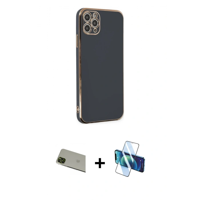 MARSİLYAN™- iPhone 11 Pro Max Kılıf Yankı Serisi - Siyah 3D Antistatik Seramik Nano Ekran Koruyucu + Rainbow Kamera Lens Koruma Cam - YL
