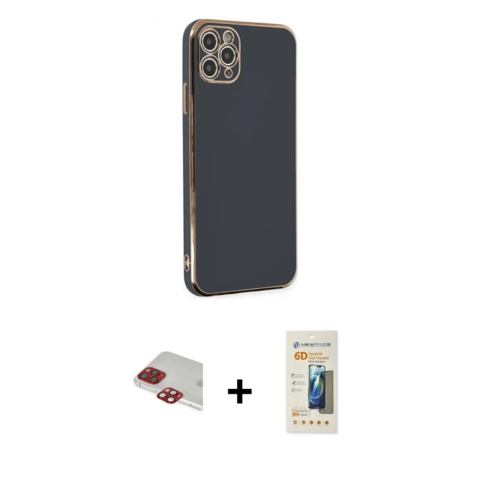 MARSİLYAN™- iPhone 11 Pro Max Kılıf Yankı Serisi - Siyah 6D Mat Seramik Hayalet Nano Ekran Koruyucu + Pers Alüminyum Kamera Lens - KI