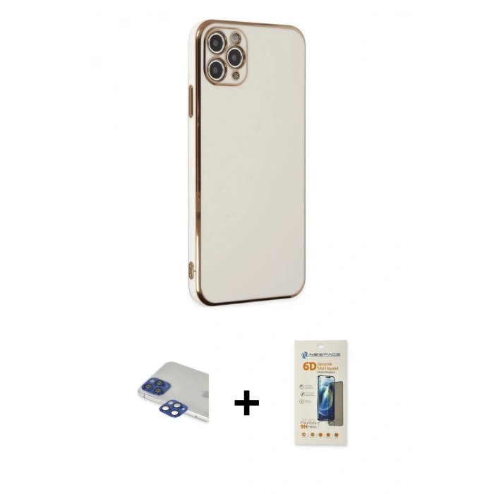 MARSİLYAN™- iPhone 11 Pro Max Kılıf Yankı Serisi - Siyah 6D Mat Seramik Hayalet Nano Ekran Koruyucu + Lacivert Pers Alüminyum Kamera Lens