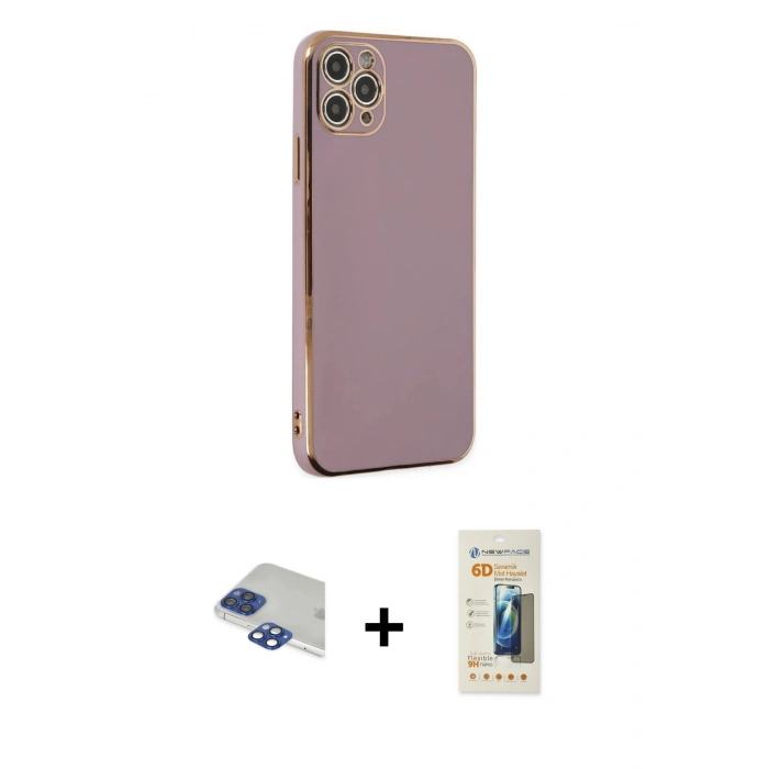 MARSİLYAN™- iPhone 11 Pro Max Kılıf Yankı Serisi - Siyah 6D Mat Seramik Hayalet Nano Ekran Koruyucu + Lacivert Pers Alüminyum Kamera Lens