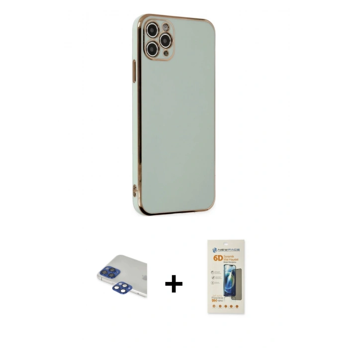 MARSİLYAN™- iPhone 11 Pro Max Kılıf Yankı Serisi - Siyah 6D Mat Seramik Hayalet Nano Ekran Koruyucu + Lacivert Pers Alüminyum Kamera Lens