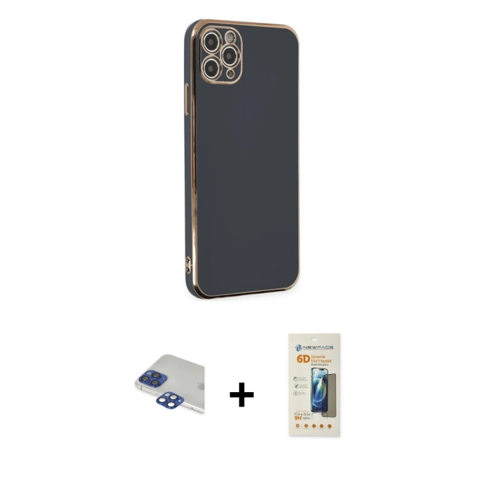 MARSİLYAN™- iPhone 11 Pro Max Kılıf Yankı Serisi - Siyah 6D Mat Seramik Hayalet Nano Ekran Koruyucu + Lacivert Pers Alüminyum Kamera Lens