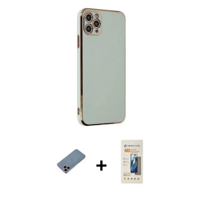 MARSİLYAN™- iPhone 11 Pro Max Kılıf Yankı Serisi - Siyah 6D Mat Seramik Hayalet Nano Ekran Koruyucu + Pembe Shine Kamera Lens Koruma Cam