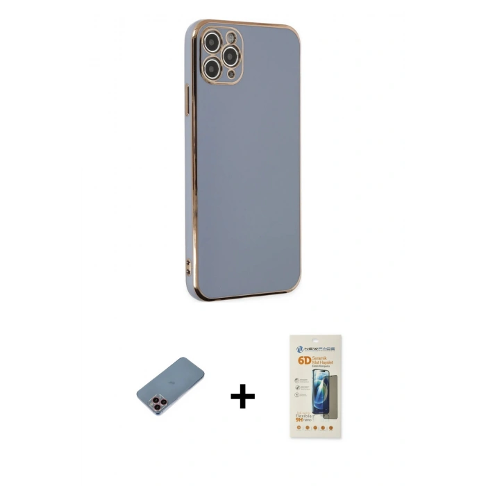 MARSİLYAN™- iPhone 11 Pro Max Kılıf Yankı Serisi - Siyah 6D Mat Seramik Hayalet Nano Ekran Koruyucu + Pembe Shine Kamera Lens Koruma Cam