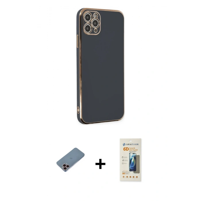 MARSİLYAN™- iPhone 11 Pro Max Kılıf Yankı Serisi - Siyah 6D Mat Seramik Hayalet Nano Ekran Koruyucu + Pembe Shine Kamera Lens Koruma Cam