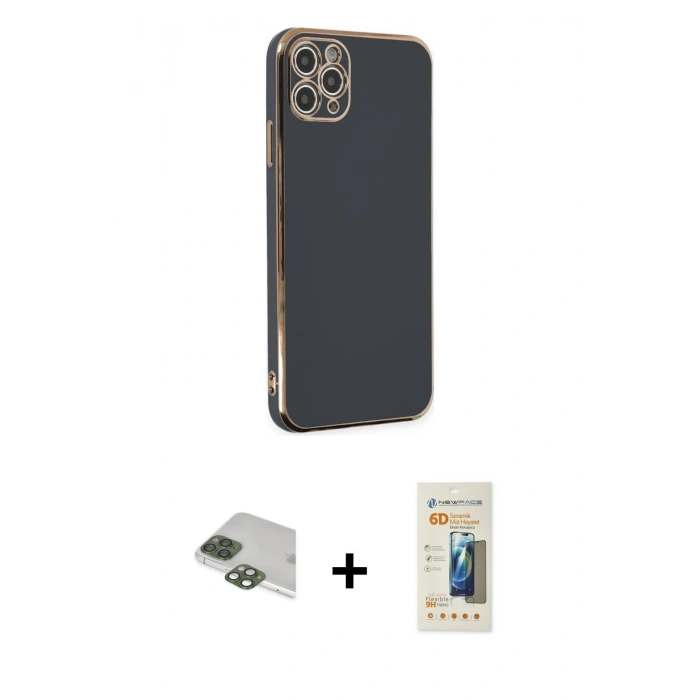 MARSİLYAN™- iPhone 11 Pro Max Kılıf Yankı Serisi - Siyah 6D Mat Seramik Hayalet Nano Ekran Koruyucu + Pers Alüminyum Kamera Lens - YL