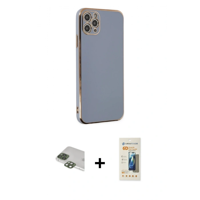 MARSİLYAN™- iPhone 11 Pro Max Kılıf Yankı Serisi - Siyah 6D Mat Seramik Hayalet Nano Ekran Koruyucu + Pers Alüminyum Kamera Lens - YL