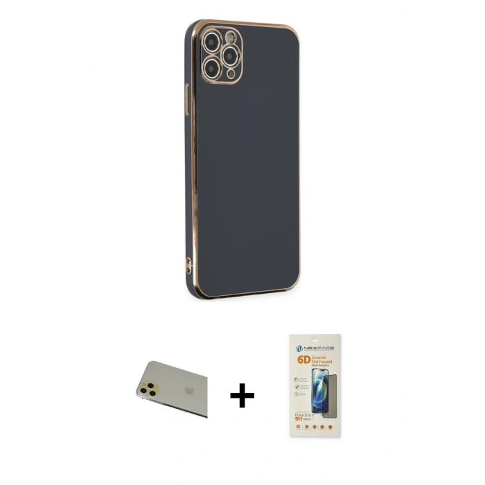 MARSİLYAN™- iPhone 11 Pro Max Kılıf Yankı Serisi - Siyah 6D Mat Seramik Hayalet Nano Ekran Koruyucu + Rainbow Kamera Lens Koruma Cam - GD