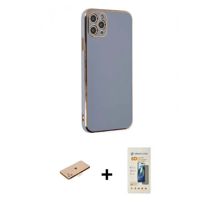 MARSİLYAN™- iPhone 11 Pro Max Kılıf Yankı Serisi - Siyah 6D Mat Seramik Hayalet Nano Ekran Koruyucu + Renkli Kamera Lens Koruma Cam - PE