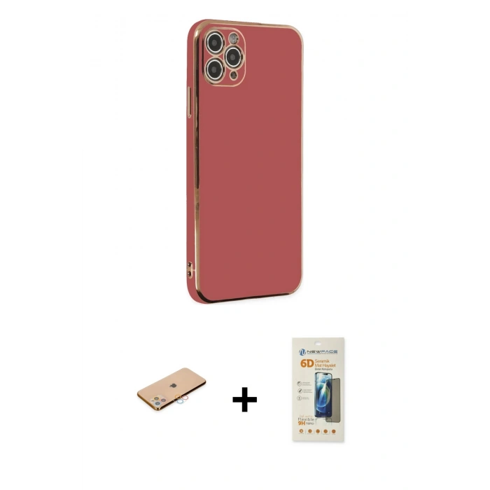 MARSİLYAN™- iPhone 11 Pro Max Kılıf Yankı Serisi - Siyah 6D Mat Seramik Hayalet Nano Ekran Koruyucu + Renkli Kamera Lens Koruma Cam - PE