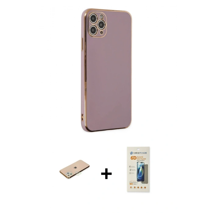 MARSİLYAN™- iPhone 11 Pro Max Kılıf Yankı Serisi - Siyah 6D Mat Seramik Hayalet Nano Ekran Koruyucu + Renkli Kamera Lens Koruma Cam - YL