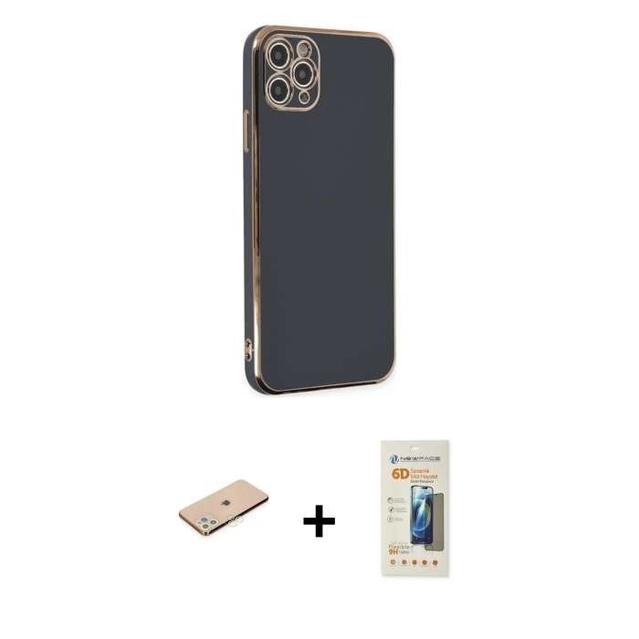 MARSİLYAN™- iPhone 11 Pro Max Kılıf Yankı Serisi - Siyah 6D Mat Seramik Hayalet Nano Ekran Koruyucu + Renkli Kamera Lens Koruma Cam - YL