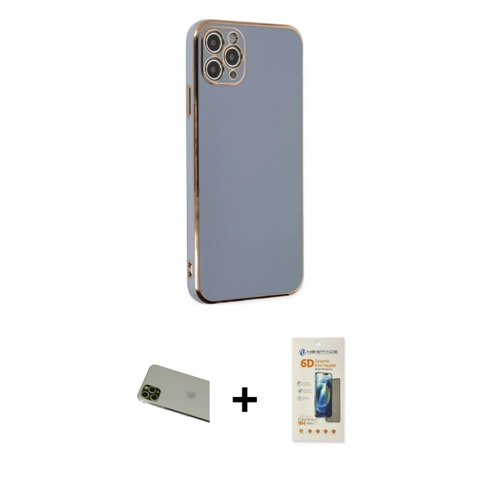 MARSİLYAN™- iPhone 11 Pro Max Kılıf Yankı Serisi - Siyah 6D Mat Seramik Hayalet Nano Ekran Koruyucu + Rainbow Kamera Lens Koruma Cam - YL