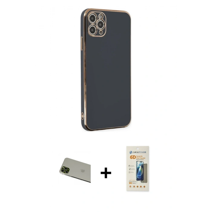 MARSİLYAN™- iPhone 11 Pro Max Kılıf Yankı Serisi - Siyah 6D Mat Seramik Hayalet Nano Ekran Koruyucu + Rainbow Kamera Lens Koruma Cam - YL