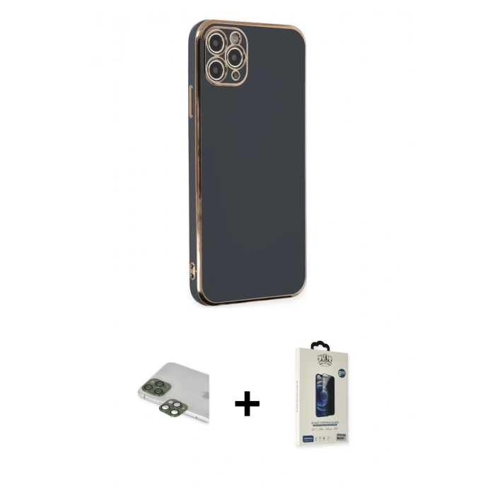 MARSİLYAN™- iPhone 11 Pro Max Kılıf Yankı Serisi - Siyah Bilvis Hayalet Cam Ekran Koruyucu + Pers Alüminyum Kamera Lens - YL