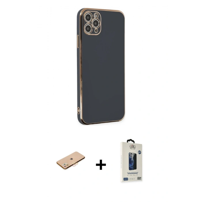 MARSİLYAN™- iPhone 11 Pro Max Kılıf Yankı Serisi - Siyah Bilvis Hayalet Cam Ekran Koruyucu + Renkli Kamera Lens Koruma Cam - TU