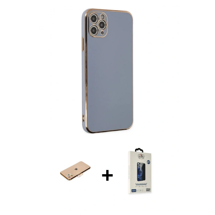 MARSİLYAN™- iPhone 11 Pro Max Kılıf Yankı Serisi - Siyah Bilvis Hayalet Cam Ekran Koruyucu + Renkli Kamera Lens Koruma Cam - TU