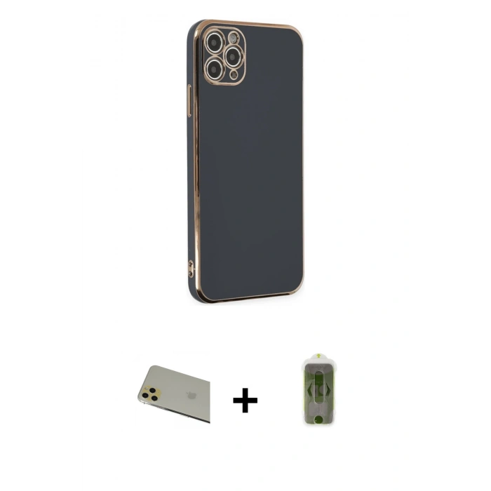 MARSİLYAN™- iPhone 11 Pro Max Kılıf Yankı Serisi - Siyah Joko Magic 5D Hayalet Cam + Gold Rainbow Kamera Lens Koruma Cam