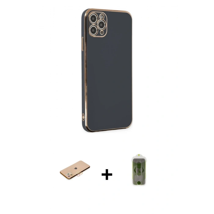 MARSİLYAN™- iPhone 11 Pro Max Kılıf Yankı Serisi - Siyah Joko Magic 5D Hayalet Cam + Renkli Kamera Lens Koruma Cam - TU