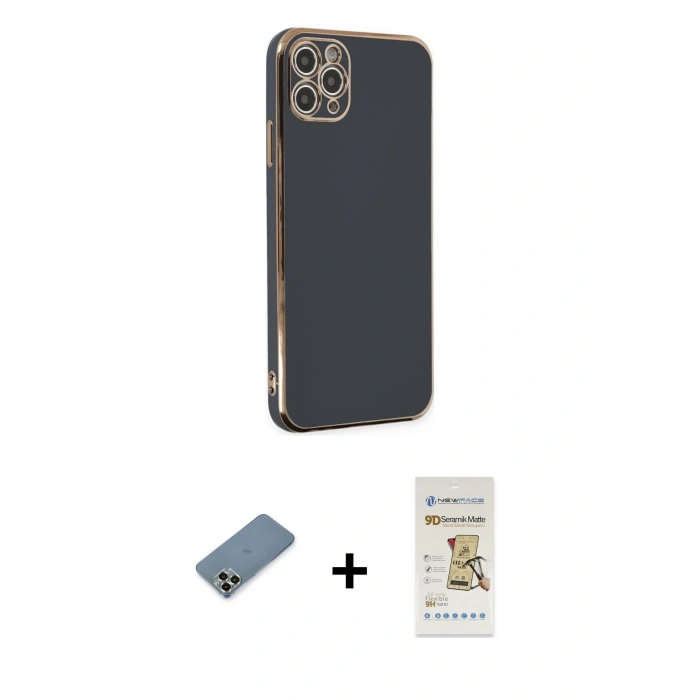 MARSİLYAN™- iPhone 11 Pro Max Kılıf Yankı Serisi - Siyah Mat Seramik Nano Ekran Koruyucu + Metal Kamera Lens Koruma Cam - AKYL