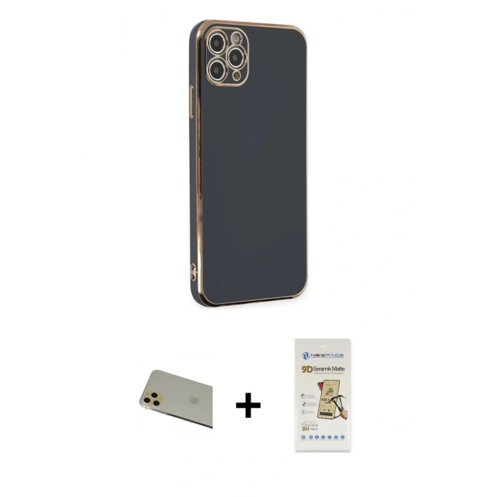 MARSİLYAN™- iPhone 11 Pro Max Kılıf Yankı Serisi - Siyah Mat Seramik Nano Ekran Koruyucu + Rainbow Kamera Lens Koruma Cam - GD