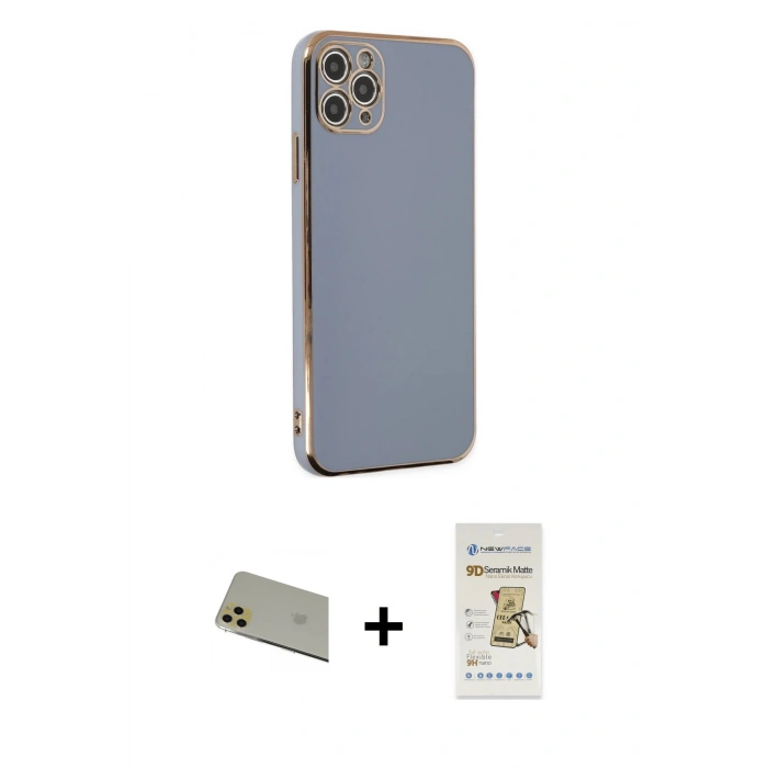 MARSİLYAN™- iPhone 11 Pro Max Kılıf Yankı Serisi - Siyah Mat Seramik Nano Ekran Koruyucu + Rainbow Kamera Lens Koruma Cam - GD