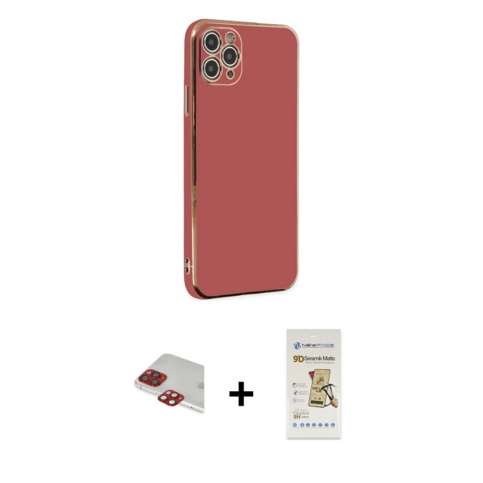 MARSİLYAN™- iPhone 11 Pro Max Kılıf Yankı Serisi - Siyah Mat Seramik Nano Ekran Koruyucu + Kırmızı Pers Alüminyum Kamera Lens