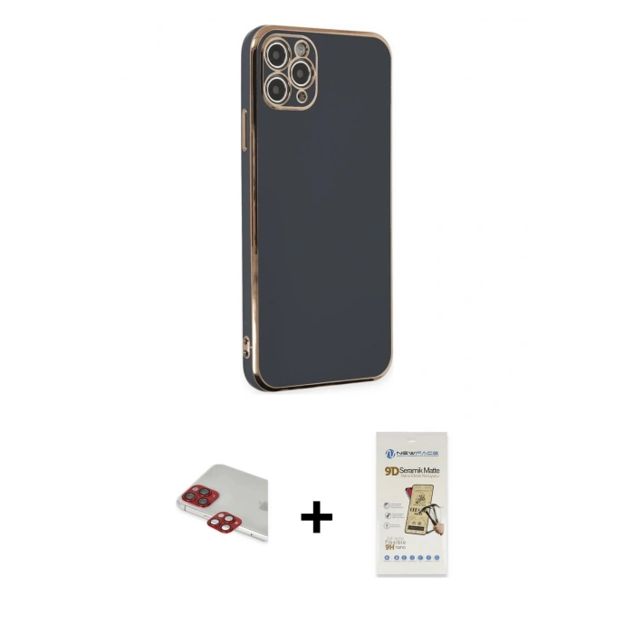 MARSİLYAN™- iPhone 11 Pro Max Kılıf Yankı Serisi - Siyah Mat Seramik Nano Ekran Koruyucu + Kırmızı Pers Alüminyum Kamera Lens