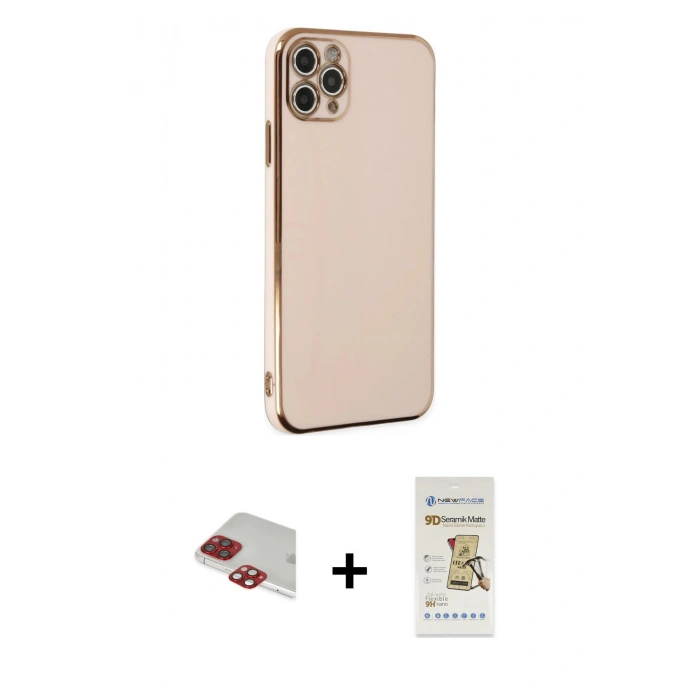 MARSİLYAN™- iPhone 11 Pro Max Kılıf Yankı Serisi - Siyah Mat Seramik Nano Ekran Koruyucu + Kırmızı Pers Alüminyum Kamera Lens