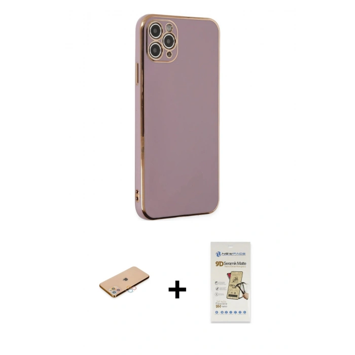 MARSİLYAN™- iPhone 11 Pro Max Kılıf Yankı Serisi - Siyah Mat Seramik Nano Ekran Koruyucu + Pembe Renkli Kamera Lens Koruma Cam