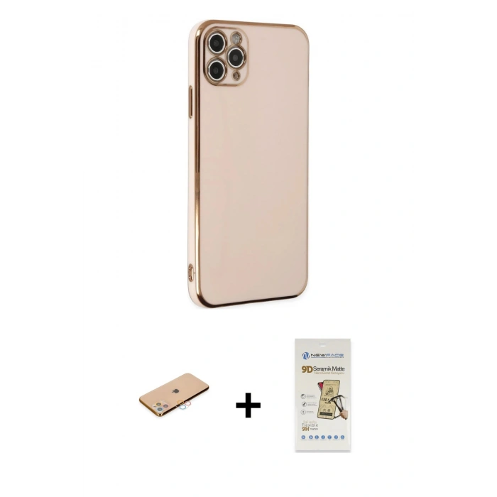 MARSİLYAN™- iPhone 11 Pro Max Kılıf Yankı Serisi - Siyah Mat Seramik Nano Ekran Koruyucu + Pembe Renkli Kamera Lens Koruma Cam