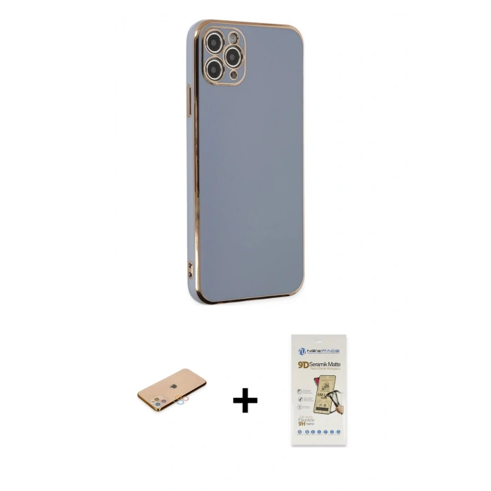 MARSİLYAN™- iPhone 11 Pro Max Kılıf Yankı Serisi - Siyah Mat Seramik Nano Ekran Koruyucu + Renkli Kamera Lens Koruma Cam - PE