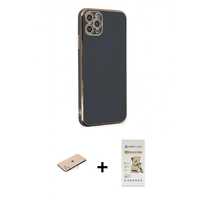 MARSİLYAN™- iPhone 11 Pro Max Kılıf Yankı Serisi - Siyah Mat Seramik Nano Ekran Koruyucu + Renkli Kamera Lens Koruma Cam - MI
