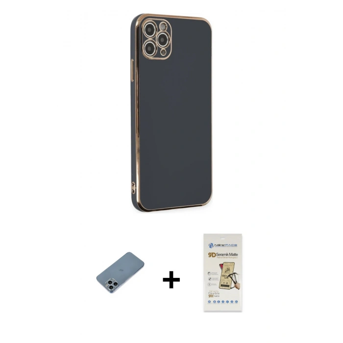MARSİLYAN™- iPhone 11 Pro Max Kılıf Yankı Serisi - Siyah Mat Seramik Nano Ekran Koruyucu + Shine Kamera Lens Koruma Cam - SABE